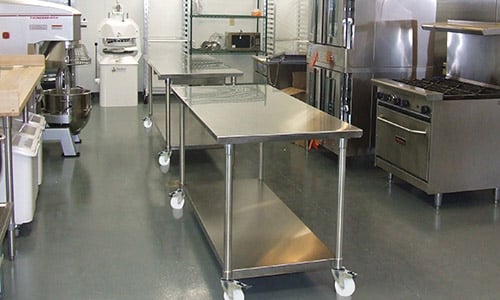 Stainless steel castors in a commercial kitchen